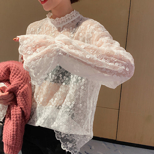 花柄刺しゅうレースブラウス長袖レディース 総レースプチハイネックブラウス シアートップスシースルー オシャレ セクシープルオーバー 韓国風 フェミニン重ね着シャツ 86AYDD-003