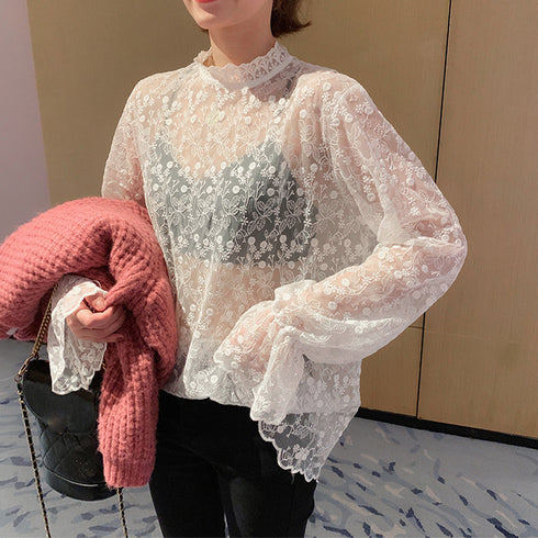 花柄刺しゅうレースブラウス長袖レディース 総レースプチハイネックブラウス シアートップスシースルー オシャレ セクシープルオーバー 韓国風 フェミニン重ね着シャツ 86AYDD-003