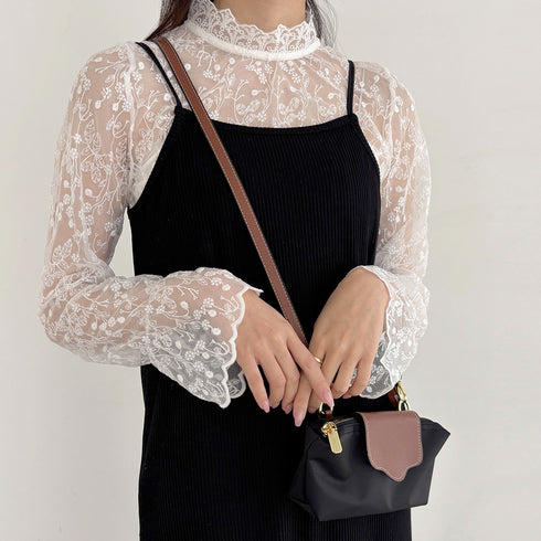 花柄刺しゅうレースブラウス長袖レディース 総レースプチハイネックブラウス シアートップスシースルー オシャレ セクシープルオーバー 韓国風 フェミニン重ね着シャツ 86AYDD-003