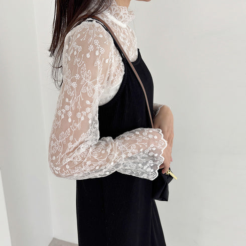 花柄刺しゅうレースブラウス長袖レディース 総レースプチハイネックブラウス シアートップスシースルー オシャレ セクシープルオーバー 韓国風 フェミニン重ね着シャツ 86AYDD-003