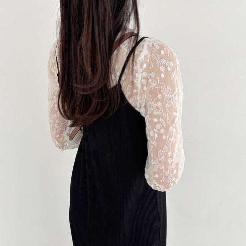 花柄刺しゅうレースブラウス長袖レディース 総レースプチハイネックブラウス シアートップスシースルー オシャレ セクシープルオーバー 韓国風 フェミニン重ね着シャツ 86AYDD-003