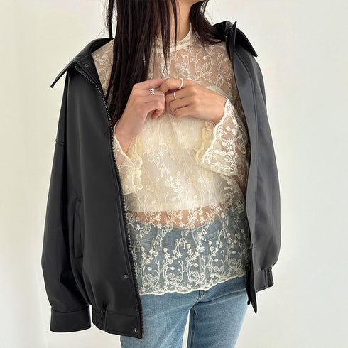 花柄刺しゅうレースブラウス長袖レディース 総レースプチハイネックブラウス シアートップスシースルー オシャレ セクシープルオーバー 韓国風 フェミニン重ね着シャツ 86AYDD-003
