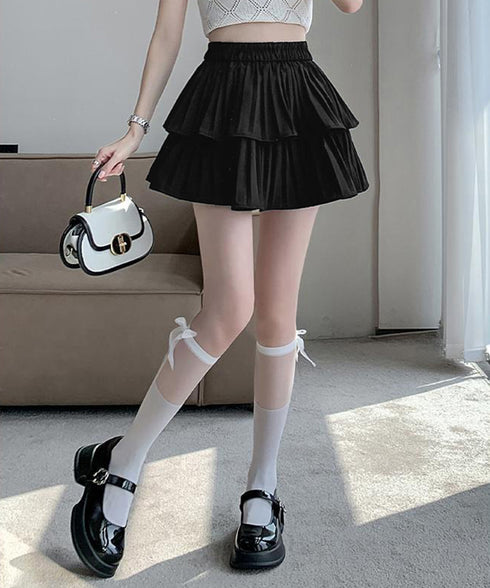 フリルティアードミニスカートハイウエスト ショートスカート インナーパンツ付き フレアスカート 細見え 可愛い Aラインスカート ウエストゴム キュロットスカート 86BANHU-001