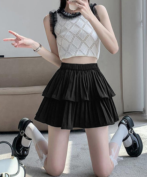 フリルティアードミニスカートハイウエスト ショートスカート インナーパンツ付き フレアスカート 細見え 可愛い Aラインスカート ウエストゴム キュロットスカート 86BANHU-001