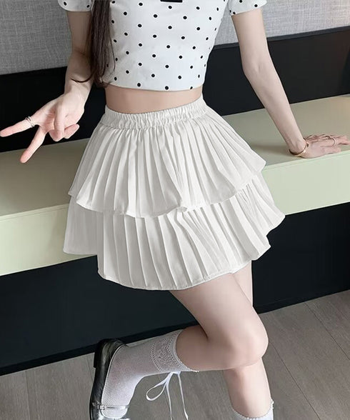 フリルティアードミニスカートハイウエスト ショートスカート インナーパンツ付き フレアスカート 細見え 可愛い Aラインスカート ウエストゴム キュロットスカート 86BANHU-001