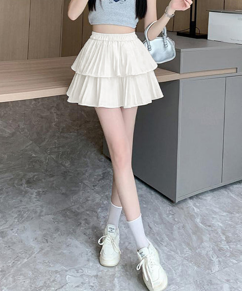 フリルティアードミニスカートハイウエスト ショートスカート インナーパンツ付き フレアスカート 細見え 可愛い Aラインスカート ウエストゴム キュロットスカート 86BANHU-001