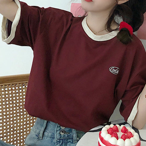 バイカラーTシャツ 韓国半袖 カジュアル おしゃれ ロゴ カットソー レディース クルーネック シンプル 夏服 トップス 可愛い プルオーバー スポーティー可愛い 86BAOMEI-001