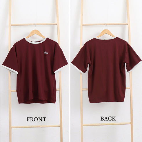 バイカラーTシャツ 韓国半袖 カジュアル おしゃれ ロゴ カットソー レディース クルーネック シンプル 夏服 トップス 可愛い プルオーバー スポーティー可愛い 86BAOMEI-001