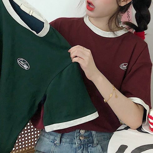 バイカラーTシャツ 韓国半袖 カジュアル おしゃれ ロゴ カットソー レディース クルーネック シンプル 夏服 トップス 可愛い プルオーバー スポーティー可愛い 86BAOMEI-001