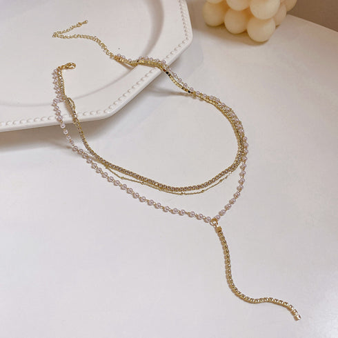 3連 チェーンチョーカーネックレス結婚式 フェミニン フェイクパール ビジュー ネックレス 重ね付け おしゃれ きらきら ラインストーン アクセサリー お呼ばれ 86BAOYSP-002