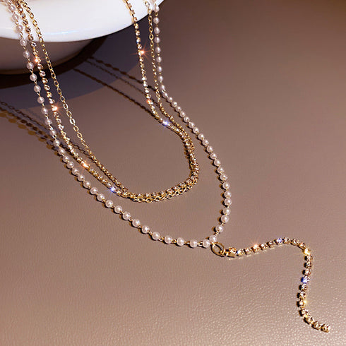 3連 チェーンチョーカーネックレス結婚式 フェミニン フェイクパール ビジュー ネックレス 重ね付け おしゃれ きらきら ラインストーン アクセサリー お呼ばれ 86BAOYSP-002