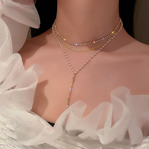 3連 チェーンチョーカーネックレス結婚式 フェミニン フェイクパール ビジュー ネックレス 重ね付け おしゃれ きらきら ラインストーン アクセサリー お呼ばれ 86BAOYSP-002