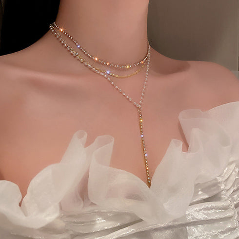 3連 チェーンチョーカーネックレス結婚式 フェミニン フェイクパール ビジュー ネックレス 重ね付け おしゃれ きらきら ラインストーン アクセサリー お呼ばれ 86BAOYSP-002