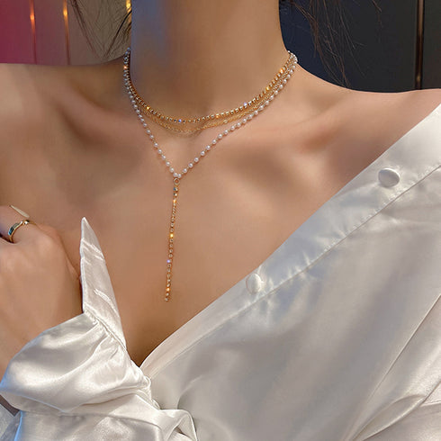 3連 チェーンチョーカーネックレス結婚式 フェミニン フェイクパール ビジュー ネックレス 重ね付け おしゃれ きらきら ラインストーン アクセサリー お呼ばれ 86BAOYSP-002