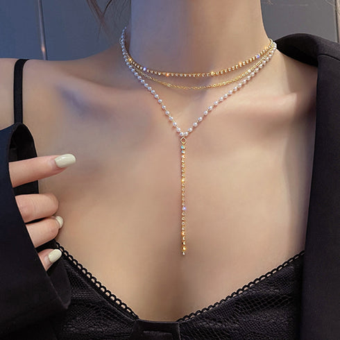 3連 チェーンチョーカーネックレス結婚式 フェミニン フェイクパール ビジュー ネックレス 重ね付け おしゃれ きらきら ラインストーン アクセサリー お呼ばれ 86BAOYSP-002