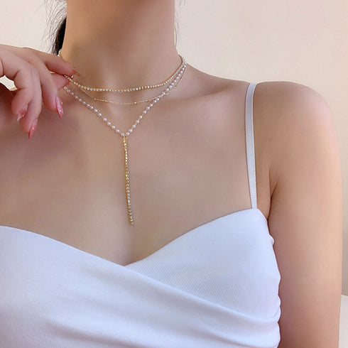 3連 チェーンチョーカーネックレス結婚式 フェミニン フェイクパール ビジュー ネックレス 重ね付け おしゃれ きらきら ラインストーン アクセサリー お呼ばれ 86BAOYSP-002