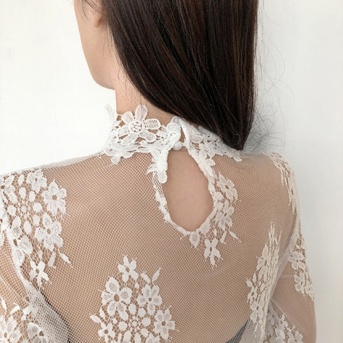 シースルーブラウス 花柄総レーストップス 韓国ファッション レディース 長袖 プチハイネック レースブラウス 肌見せ セクシー トップス 透け感 重ね着 インナー 86BEIYOU-001