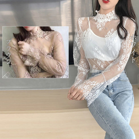 シースルーブラウス 花柄総レーストップス 韓国ファッション レディース 長袖 プチハイネック レースブラウス 肌見せ セクシー トップス 透け感 重ね着 インナー 86BEIYOU-001