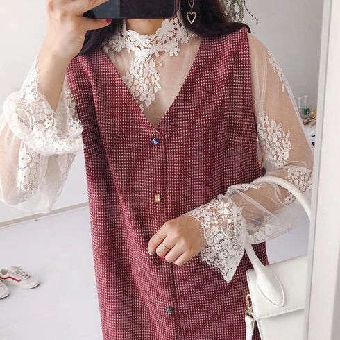 シースルーブラウス 花柄総レーストップス 韓国ファッション レディース 長袖 プチハイネック レースブラウス 肌見せ セクシー トップス 透け感 重ね着 インナー 86BEIYOU-001