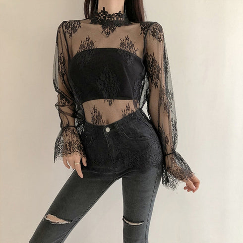 シースルーブラウス 花柄総レーストップス 韓国ファッション レディース 長袖 プチハイネック レースブラウス 肌見せ セクシー トップス 透け感 重ね着 インナー 86BEIYOU-001