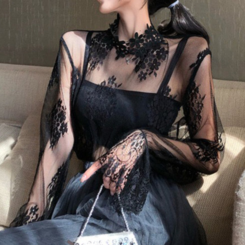 シースルーブラウス 花柄総レーストップス 韓国ファッション レディース 長袖 プチハイネック レースブラウス 肌見せ セクシー トップス 透け感 重ね着 インナー 86BEIYOU-001