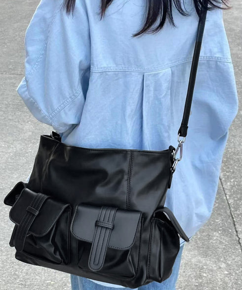 マルチポケットショルダーバッグ 斜めがけ 大容量メッセンジャーバッグ フェイクレザー ビッグクロスバッグ おしゃれ大きめハンドバッグ 肩掛けカバン グランジバッグ 86BILIN-001