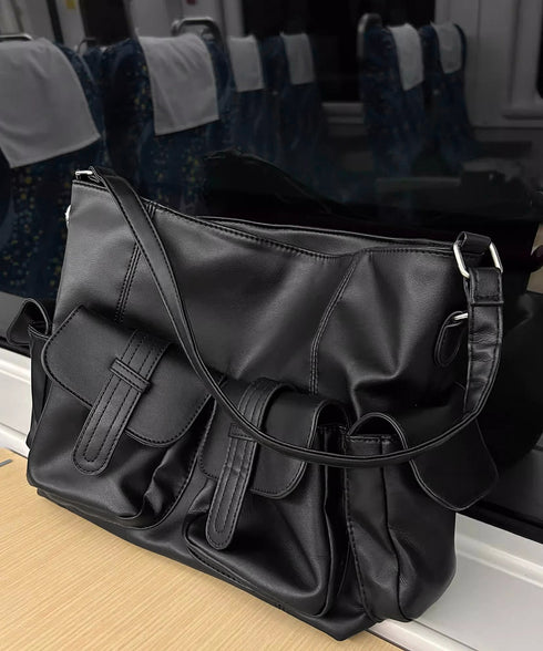 マルチポケットショルダーバッグ 斜めがけ 大容量メッセンジャーバッグ フェイクレザー ビッグクロスバッグ おしゃれ大きめハンドバッグ 肩掛けカバン グランジバッグ 86BILIN-001