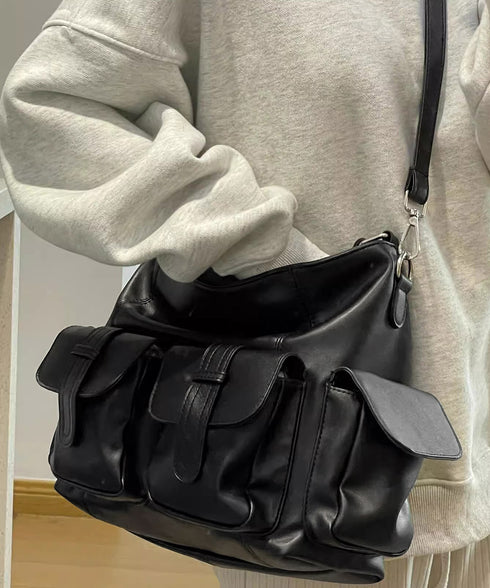 マルチポケットショルダーバッグ 斜めがけ 大容量メッセンジャーバッグ フェイクレザー ビッグクロスバッグ おしゃれ大きめハンドバッグ 肩掛けカバン グランジバッグ 86BILIN-001