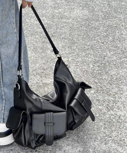 マルチポケットショルダーバッグ 斜めがけ 大容量メッセンジャーバッグ フェイクレザー ビッグクロスバッグ おしゃれ大きめハンドバッグ 肩掛けカバン グランジバッグ 86BILIN-001