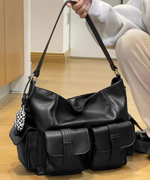 マルチポケットショルダーバッグ 斜めがけ 大容量メッセンジャーバッグ フェイクレザー ビッグクロスバッグ おしゃれ大きめハンドバッグ 肩掛けカバン グランジバッグ 86BILIN-001