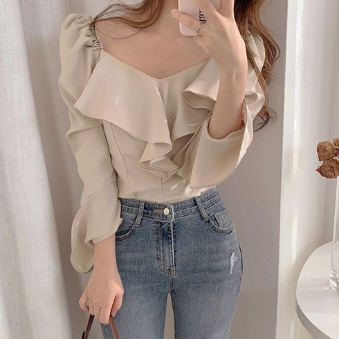 韓国ファッション 長袖ブラウス フリル襟 レディース ラッフルカラー とろみブラウス パフスリーブ トップス フレア袖 おしゃれ ブラウス きれいめ 春先行 人気 86CHENXINI-001