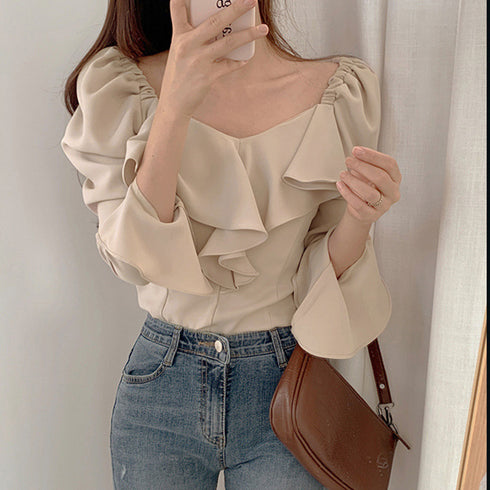 韓国ファッション 長袖ブラウス フリル襟 レディース ラッフルカラー とろみブラウス パフスリーブ トップス フレア袖 おしゃれ ブラウス きれいめ 春先行 人気 86CHENXINI-001