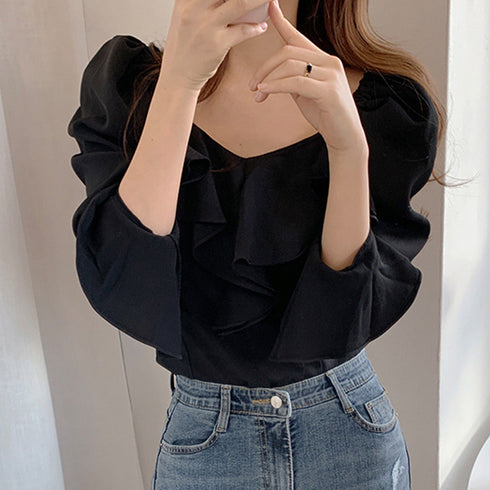 韓国ファッション 長袖ブラウス フリル襟 レディース ラッフルカラー とろみブラウス パフスリーブ トップス フレア袖 おしゃれ ブラウス きれいめ 春先行 人気 86CHENXINI-001