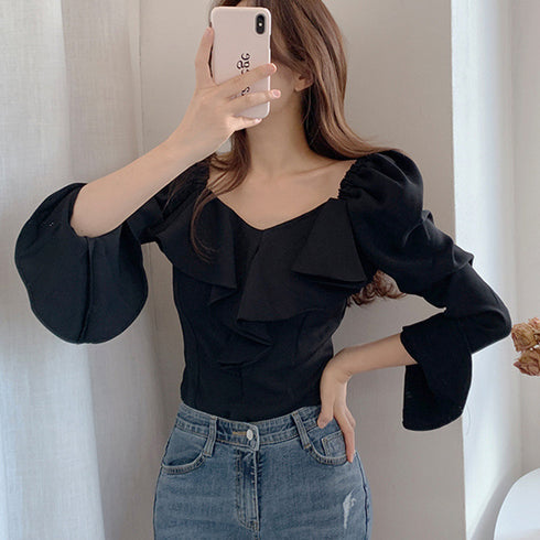 韓国ファッション 長袖ブラウス フリル襟 レディース ラッフルカラー とろみブラウス パフスリーブ トップス フレア袖 おしゃれ ブラウス きれいめ 春先行 人気 86CHENXINI-001