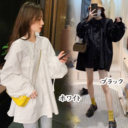 韓国 セーラーブラウス レディース 春秋 セーラーカラー 大人 チュニックシャツ ドローストリング ボリュームスリーブ ロングブラウス 長袖 海軍風 服 きれいめ 86CHENXINI-002