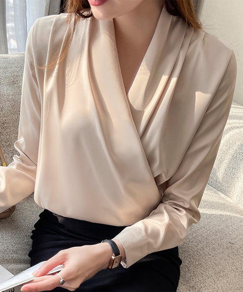 カシュクール シャツブラウス レディース 大人女性 サテン風とろみシャツ 通勤服Vネック オフィスカジュアル ドレープシャツ フェミニン 長袖シャツブラウス春夏秋 86CHENXINI-006