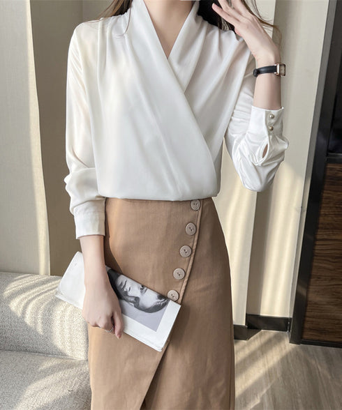 カシュクール シャツブラウス レディース 大人女性 サテン風とろみシャツ 通勤服Vネック オフィスカジュアル ドレープシャツ フェミニン 長袖シャツブラウス春夏秋 86CHENXINI-006