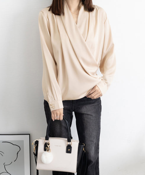 カシュクール シャツブラウス レディース 大人女性 サテン風とろみシャツ 通勤服Vネック オフィスカジュアル ドレープシャツ フェミニン 長袖シャツブラウス春夏秋 86CHENXINI-006