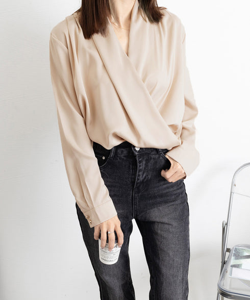 カシュクール シャツブラウス レディース 大人女性 サテン風とろみシャツ 通勤服Vネック オフィスカジュアル ドレープシャツ フェミニン 長袖シャツブラウス春夏秋 86CHENXINI-006