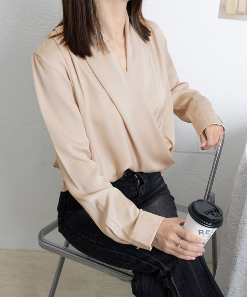 カシュクール シャツブラウス レディース 大人女性 サテン風とろみシャツ 通勤服Vネック オフィスカジュアル ドレープシャツ フェミニン 長袖シャツブラウス春夏秋 86CHENXINI-006