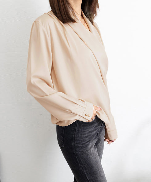 カシュクール シャツブラウス レディース 大人女性 サテン風とろみシャツ 通勤服Vネック オフィスカジュアル ドレープシャツ フェミニン 長袖シャツブラウス春夏秋 86CHENXINI-006