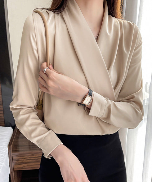 カシュクール シャツブラウス レディース 大人女性 サテン風とろみシャツ 通勤服Vネック オフィスカジュアル ドレープシャツ フェミニン 長袖シャツブラウス春夏秋 86CHENXINI-006