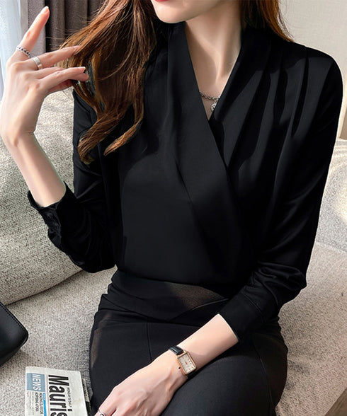 カシュクール シャツブラウス レディース 大人女性 サテン風とろみシャツ 通勤服Vネック オフィスカジュアル ドレープシャツ フェミニン 長袖シャツブラウス春夏秋 86CHENXINI-006