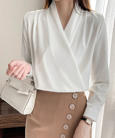 カシュクール シャツブラウス レディース 大人女性 サテン風とろみシャツ 通勤服Vネック オフィスカジュアル ドレープシャツ フェミニン 長袖シャツブラウス春夏秋 86CHENXINI-006