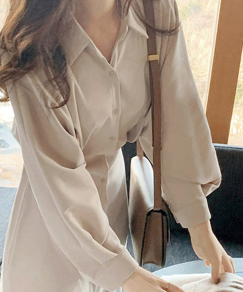 きれいめシャツワンピース ウエストマーク 韓国風 ミモレワンピース長袖 レディース 着やせ ロングワンピース上品 大人可愛いワンピ エレガント シャツカーディガン 86CHENXINI-007