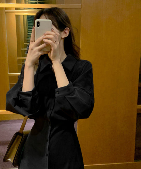 きれいめシャツワンピース ウエストマーク 韓国風 ミモレワンピース長袖 レディース 着やせ ロングワンピース上品 大人可愛いワンピ エレガント シャツカーディガン 86CHENXINI-007