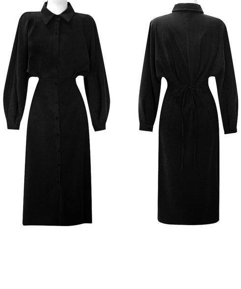 きれいめシャツワンピース ウエストマーク 韓国風 ミモレワンピース長袖 レディース 着やせ ロングワンピース上品 大人可愛いワンピ エレガント シャツカーディガン 86CHENXINI-007