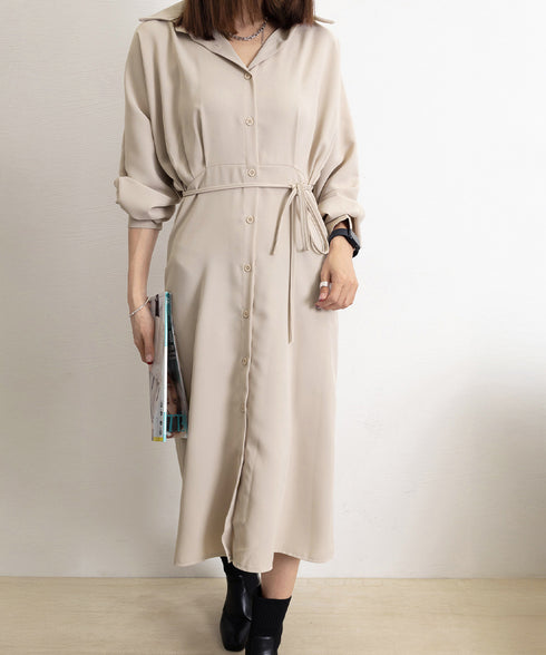 きれいめシャツワンピース ウエストマーク 韓国風 ミモレワンピース長袖 レディース 着やせ ロングワンピース上品 大人可愛いワンピ エレガント シャツカーディガン 86CHENXINI-007