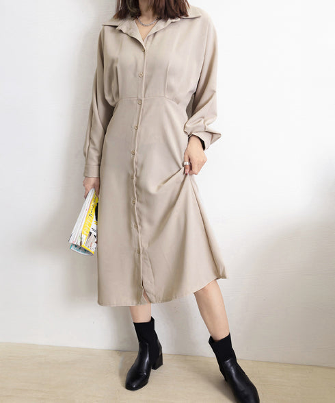 きれいめシャツワンピース ウエストマーク 韓国風 ミモレワンピース長袖 レディース 着やせ ロングワンピース上品 大人可愛いワンピ エレガント シャツカーディガン 86CHENXINI-007