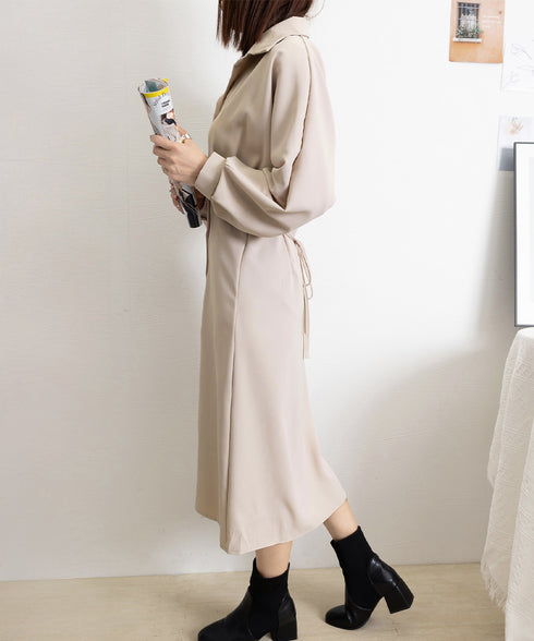 きれいめシャツワンピース ウエストマーク 韓国風 ミモレワンピース長袖 レディース 着やせ ロングワンピース上品 大人可愛いワンピ エレガント シャツカーディガン 86CHENXINI-007